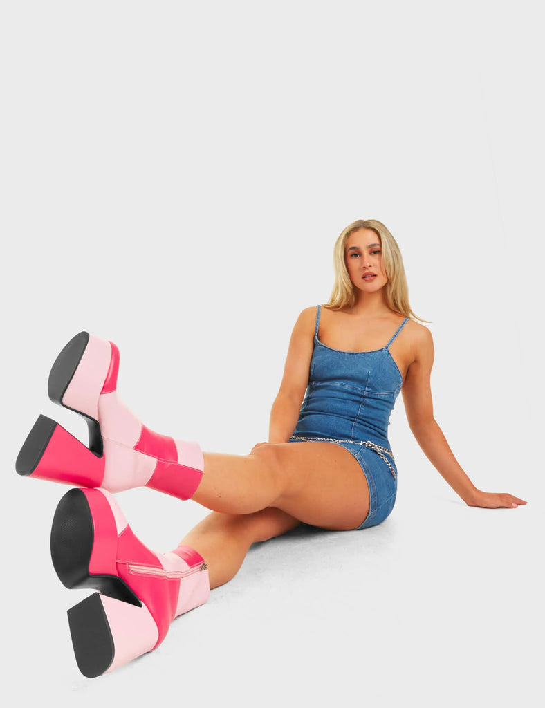 TIME TO TANGO
 
 These Girls Platform Ankle Boots in Pink and Fuchsia faux leather. These platform boots feature a Pink and Fuchsia patch work design with a triangle heel, keeping it nice and classy. Made with eco-friendly materials and 100% cruelty-free, these platform boots are as ethical as they are chic.
 
 - Platform Height
 - Knee high length
 - Patch work design
 - Triangle heel
 - High Heel
 - 100% vegan
 
 SKU: LMF 4486 - PinkPU/FuchsiaPU