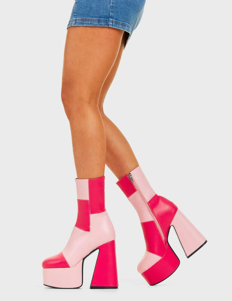 TIME TO TANGO
 
 These Girls Platform Ankle Boots in Pink and Fuchsia faux leather. These platform boots feature a Pink and Fuchsia patch work design with a triangle heel, keeping it nice and classy. Made with eco-friendly materials and 100% cruelty-free, these platform boots are as ethical as they are chic.
 
 - Platform Height
 - Knee high length
 - Patch work design
 - Triangle heel
 - High Heel
 - 100% vegan
 
 SKU: LMF 4486 - PinkPU/FuchsiaPU
