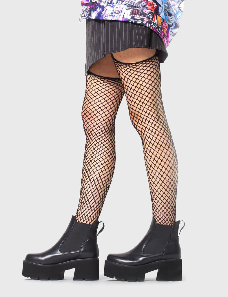 ANYTIME, ANYWHERE. 
 
 Tough Love Chunky Platform Ankle Boots in Black faux leather. These faux suede vegan Boots feature an elastic gusset and our CHUNKY Platform sole, making them the perfect comfy Boots for any occasion. Made with eco-friendly materials and 100% cruelty-free, these boots are as ethical as they are comfy!
 
 
 - Platform Height: 3 inch
 - Low ankle length 
 - Black elastic gusset
 - Black pull tab
 - Cunky Platform sole
 - Round toe 
 - 100% vegan 
 
 SKU: LMF104 BLACK PU