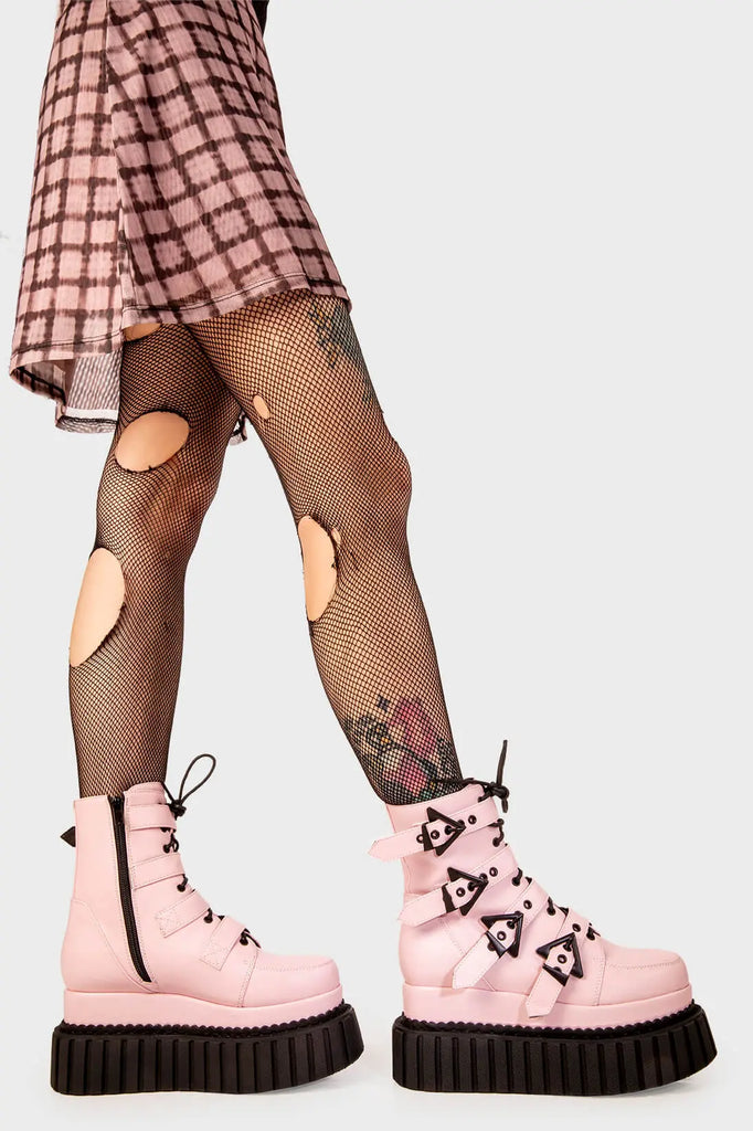 Solid Stompers

Unstable Chunky Ankle Creeper Boots in Pink faux leather. These pink Creeper Boots feature four adjustable black straps with triangular shaped buckles with black lace up detail, let the boots do the talking. Made with eco-friendly materials and 100% cruelty-free, these platform boots are as ethical as they are BOLD!

- Platform Height
- Four pink straps
- Black laces
- Black eyelets and triangular shaped buckles
- Chunky creeper sole
- Round Toe 
- 100% vegan 

SKU: LMF 2183 - PinkPU