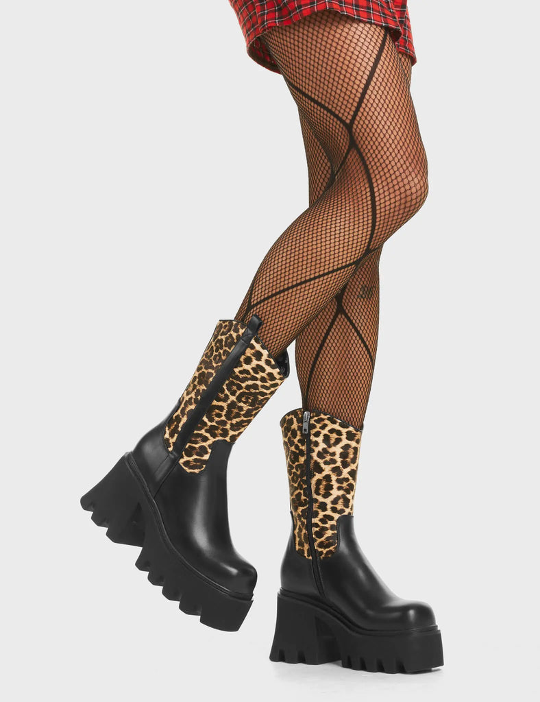 Virtuous Chunky Platform Ankle Boots in Black and Leopard. Feature a western-style upper on a chunky platform heel.