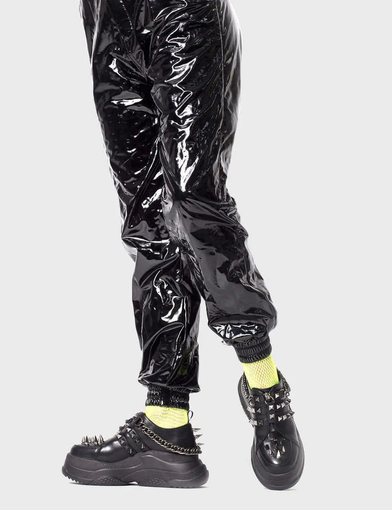 HEADTURNERS ALERT
 
 Watch Out Chunky Platform Sneakers in Black faux leather. These vegan Chunky Sneakers feature silver spikes, studs and hanging chains, making them the hottest Chunky Sneakers available! Made with eco-friendly materials and 100% cruelty-free, these Sneakers are as ethical as they are striking!
 
 
 - Platform Height: 2.7 inch
 - Silver spikes, studs and chains 
 - Black zipper 
 - Black pull tab
 - Cunky Platform sole
 - Round toe 
 - 100% vegan 
 
 SKU: LMF 0182 - BlackPU