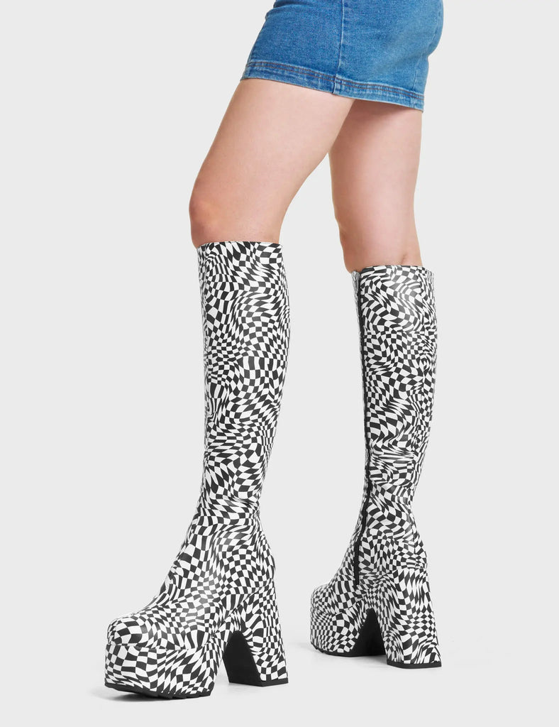 Willpower Platform Knee High Boots. These Platform Knee High Boots feature a unique black and white check design.