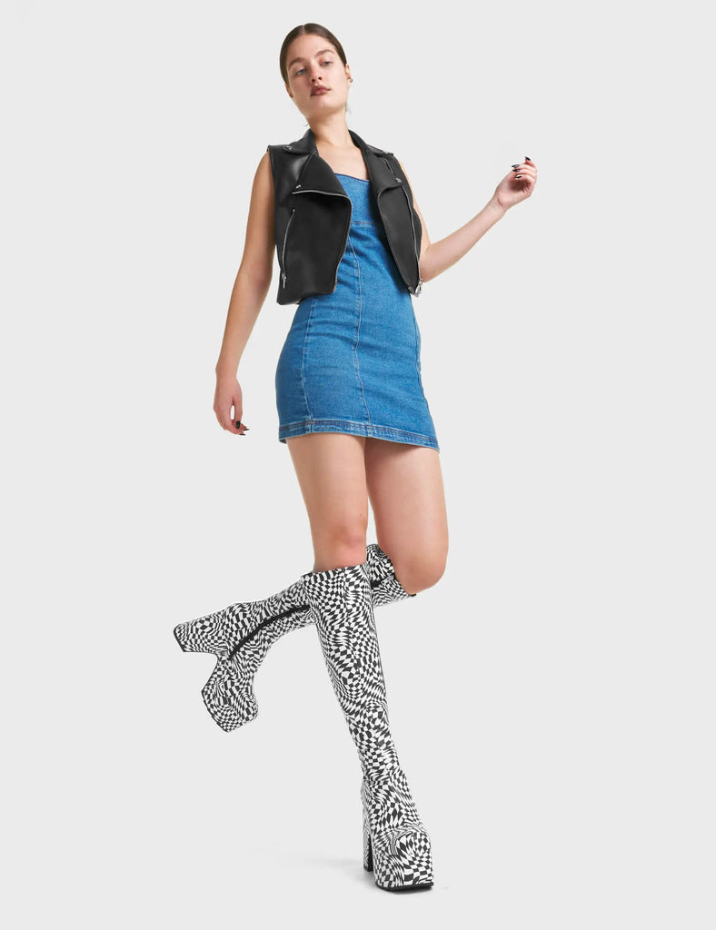 Willpower Platform Knee High Boots. These Platform Knee High Boots feature a unique black and white check design.