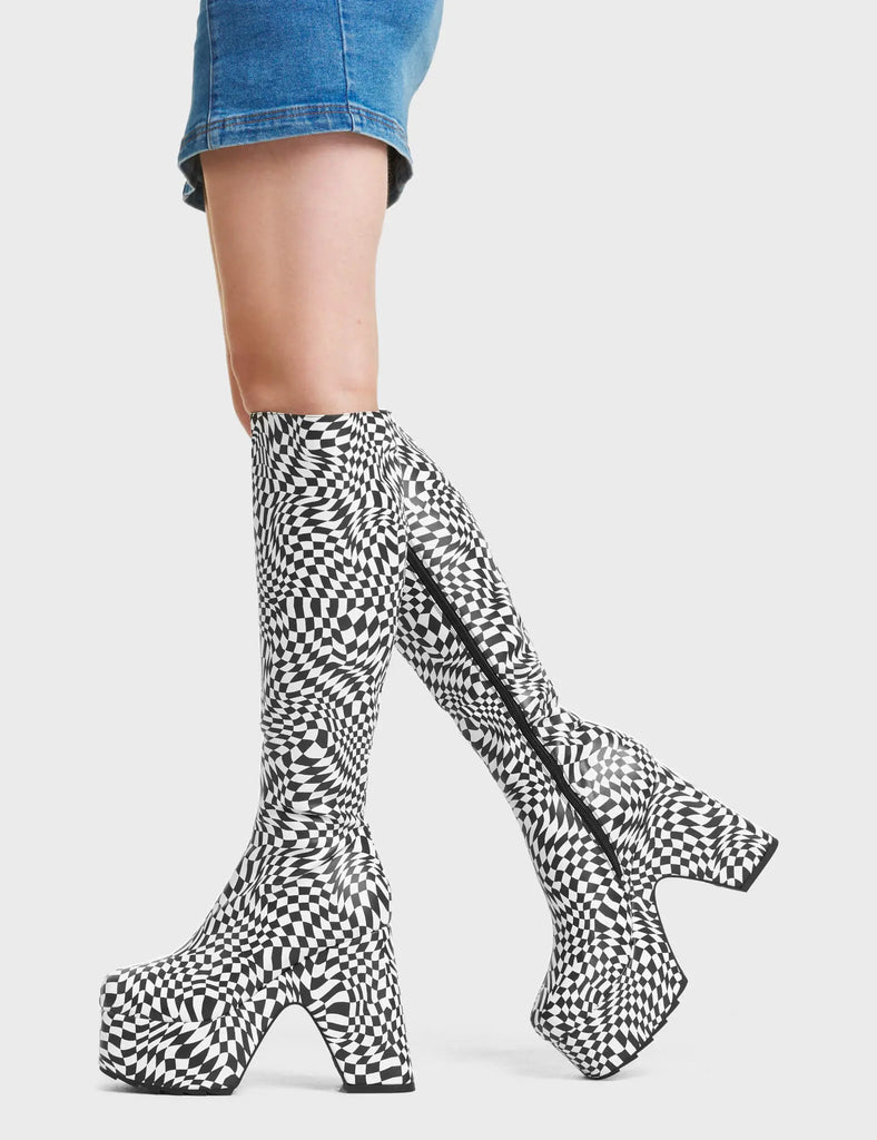 Willpower Platform Knee High Boots. These Platform Knee High Boots feature a unique black and white check design.