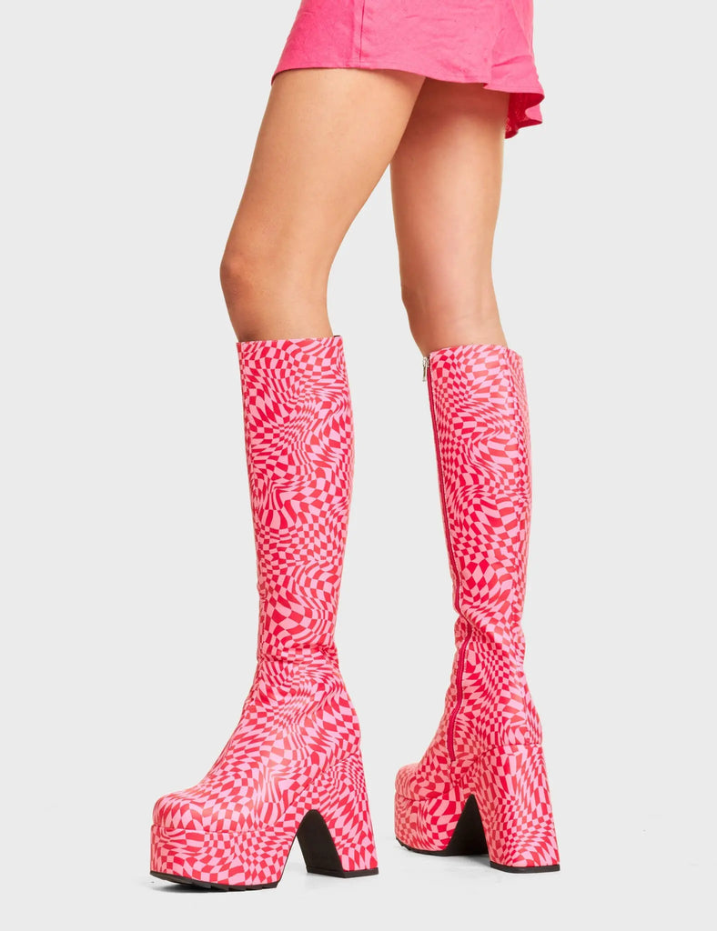 Willpower Platform Knee High Boots. These Platform Knee High Boots feature a unique Pink and Red check design.