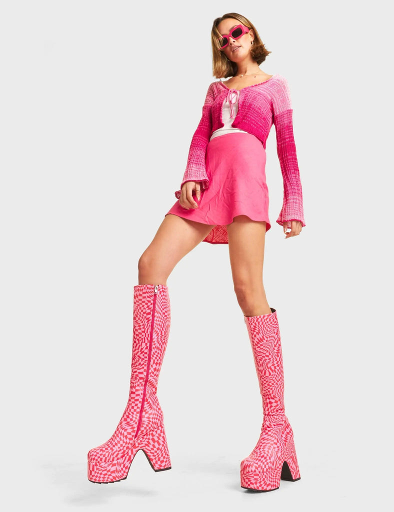 Willpower Platform Knee High Boots. These Platform Knee High Boots feature a unique Pink and Red check design.