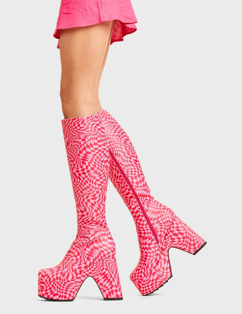 Willpower Platform Knee High Boots. These Platform Knee High Boots feature a unique Pink and Red check design.